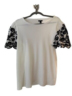 Ann Taylor White Tee with Black Embroidered Scallop Sleeves